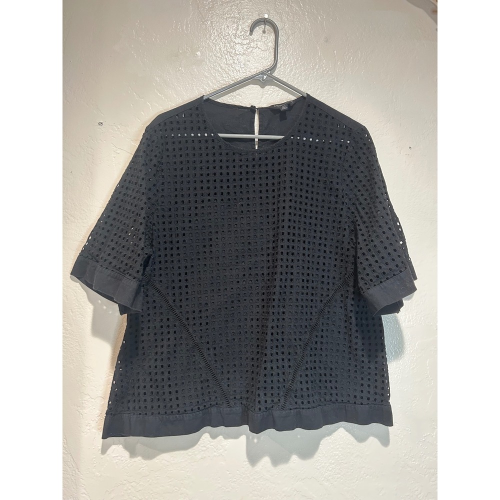 Banana Republic Womens XL Black Eyelet Geometric Lace Short Sleeve Blouse Top